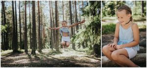 Mamma med döttrar blir fotograferade i skogen