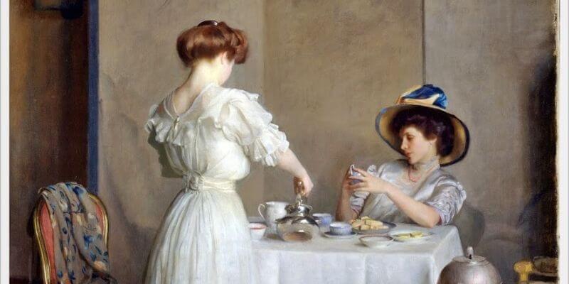 un dipinto di william mcgregor paxton che rappresenta una donna a cui viene servito il té