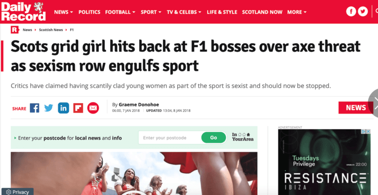 daily record F1 grid girls banned carolyn elpromotions agency