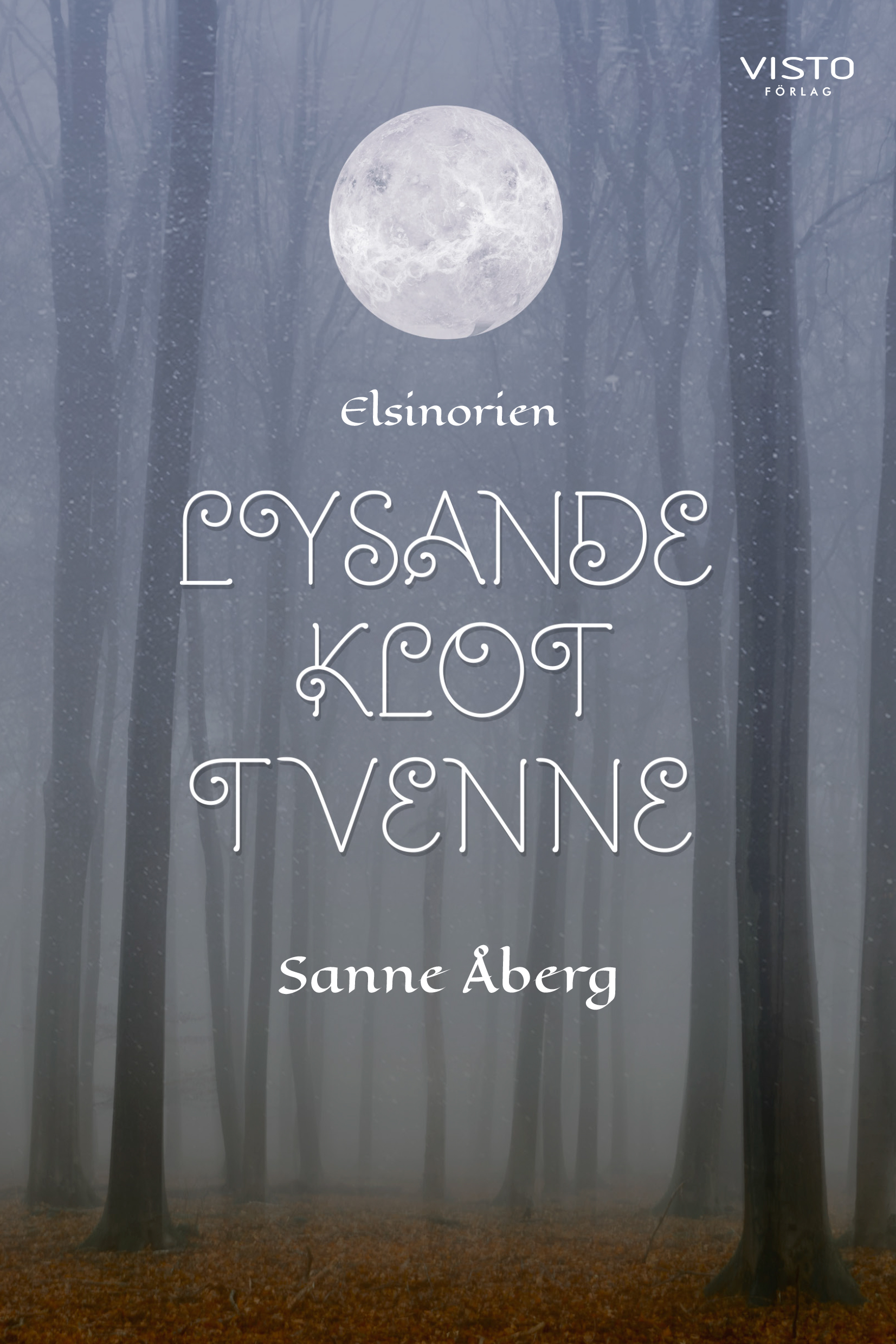 Bokframsida till boken "Lysande klot tvenne" av Sanne Åberg. Kala bokstammar, löv på marken, dimma. Ovanför titeln ett lysande klot. 