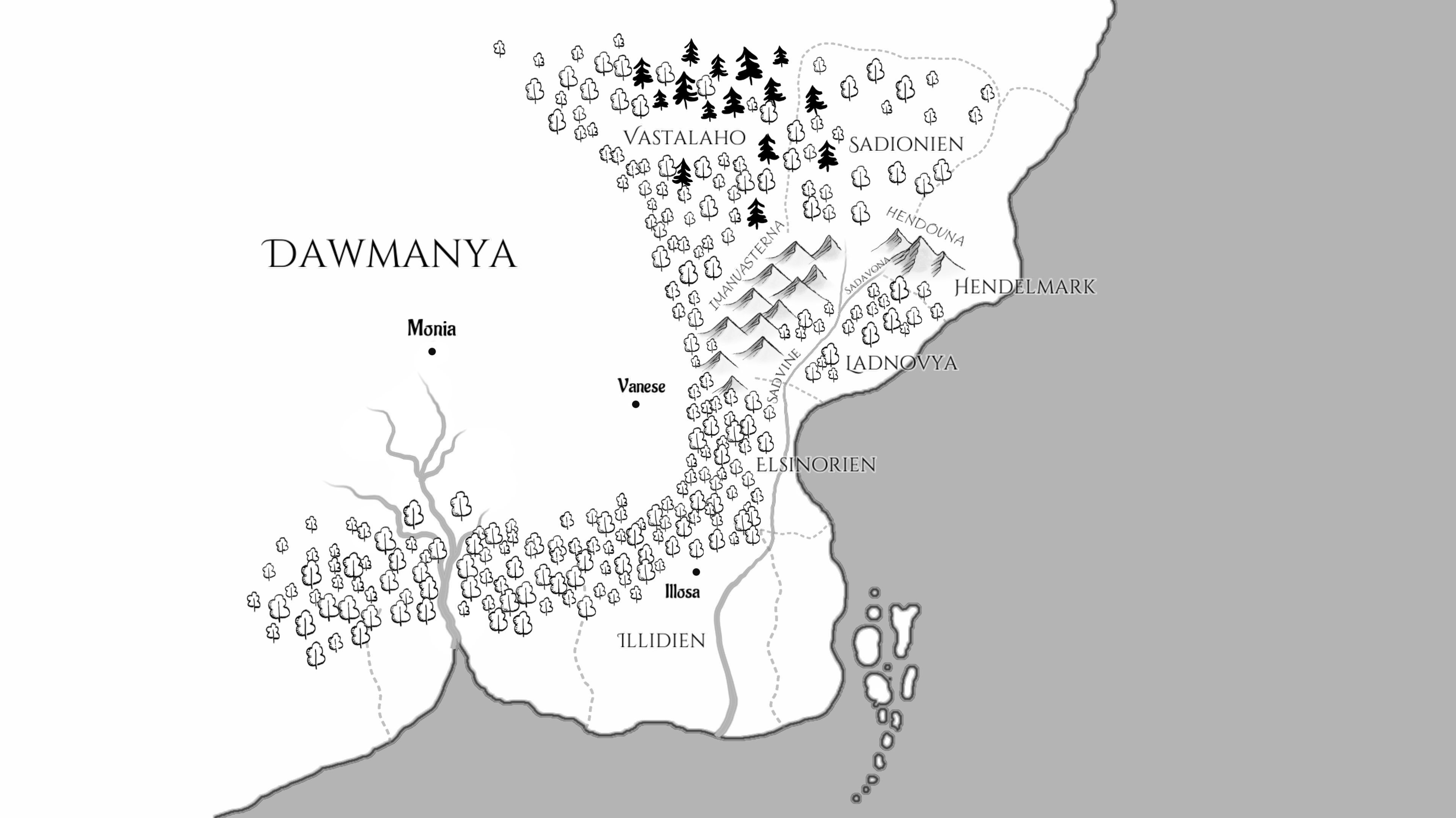 Karta över Elsinorien, Dawmanya och övriga länder i boken Knutar och band