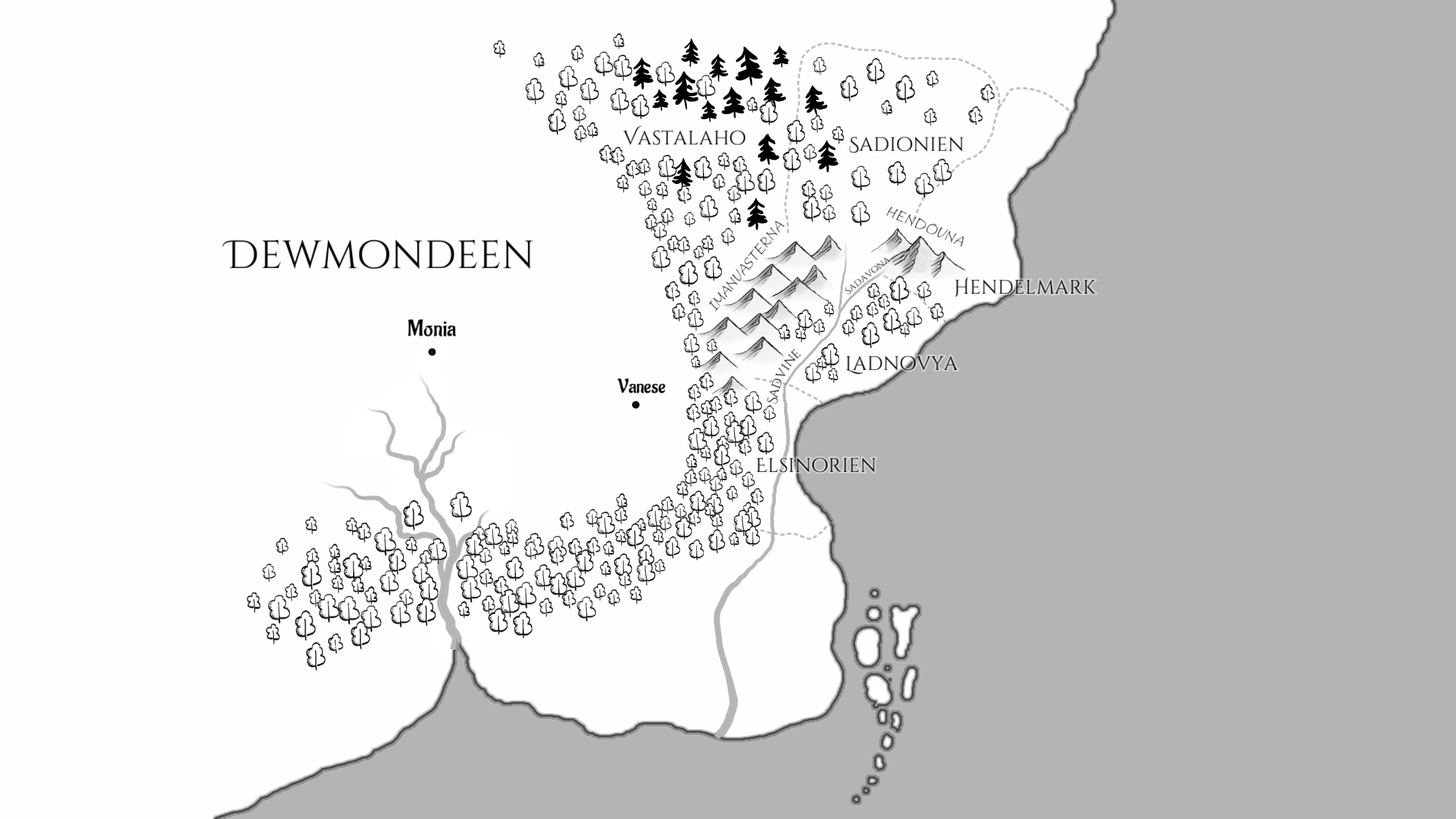 Karta över Elsinorien, Dewmondeen och övriga länder i boken Lysande klot tvenne.