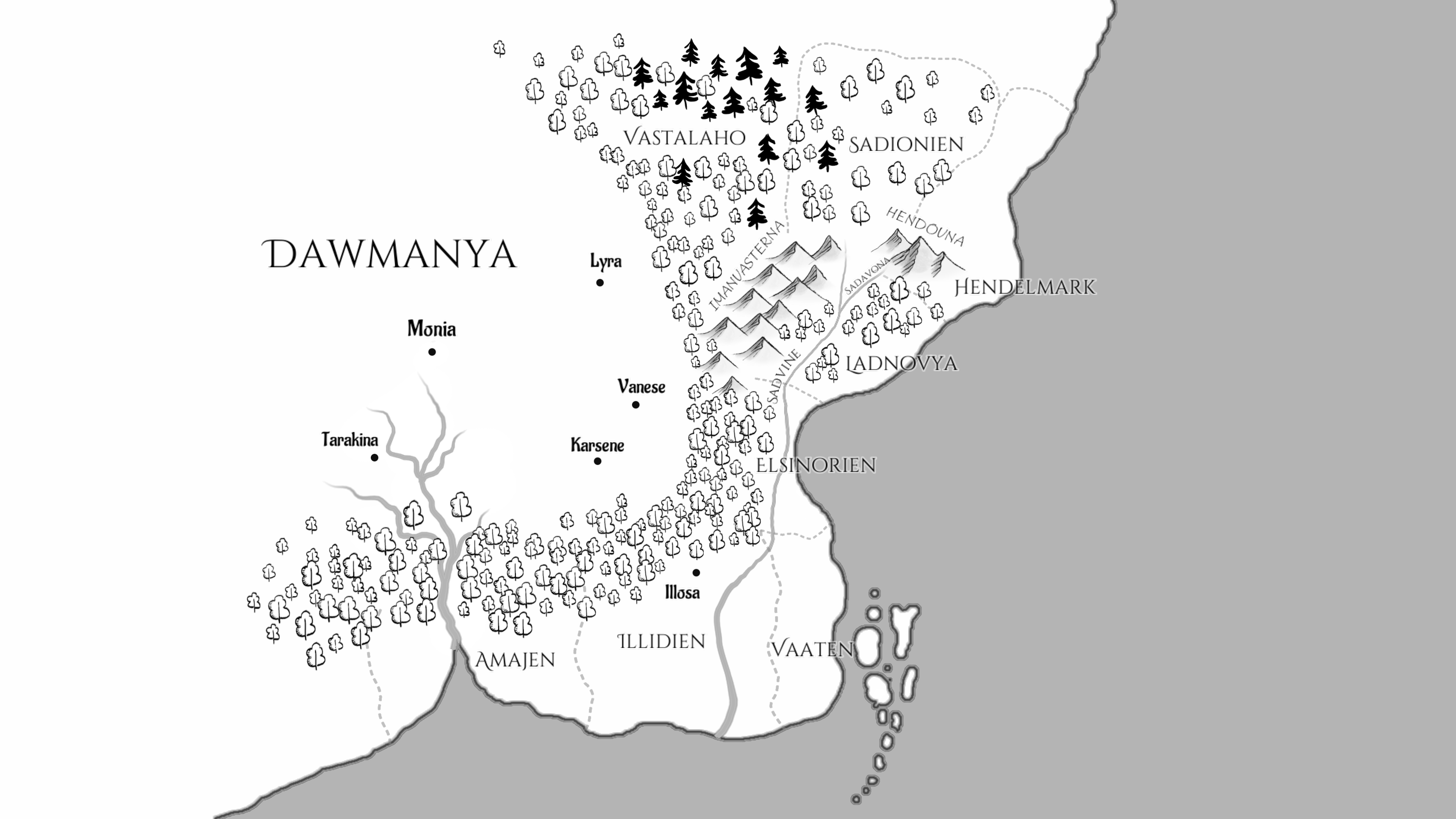 Karta över Elsinorien, Dawmanya och övriga länder i boken Viddernas väv