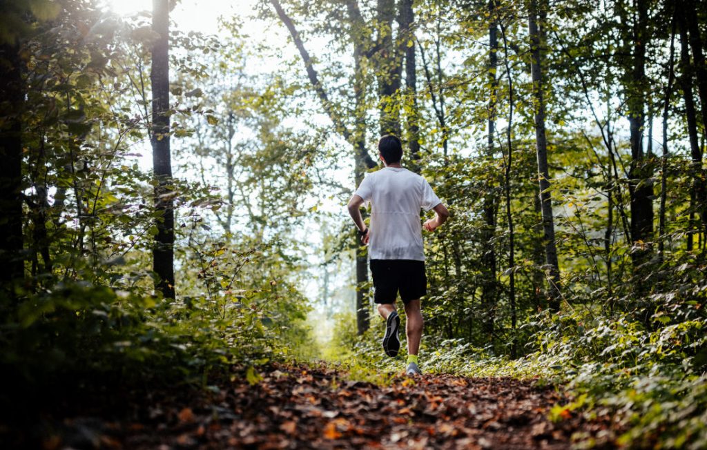 Lauftrainer Patrick Pöschl beim Lauf im Sommer durch den Wald