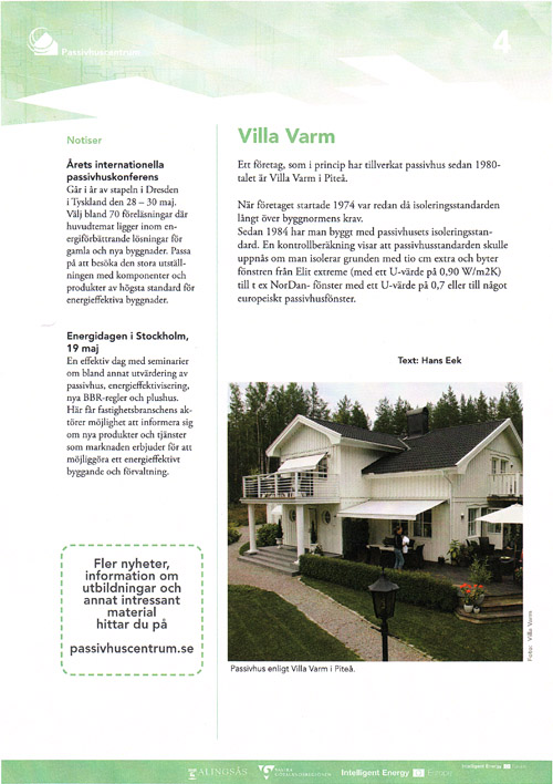 Villa Varm uppmärksammas i nyhetsbrev från Passivhuscentrum