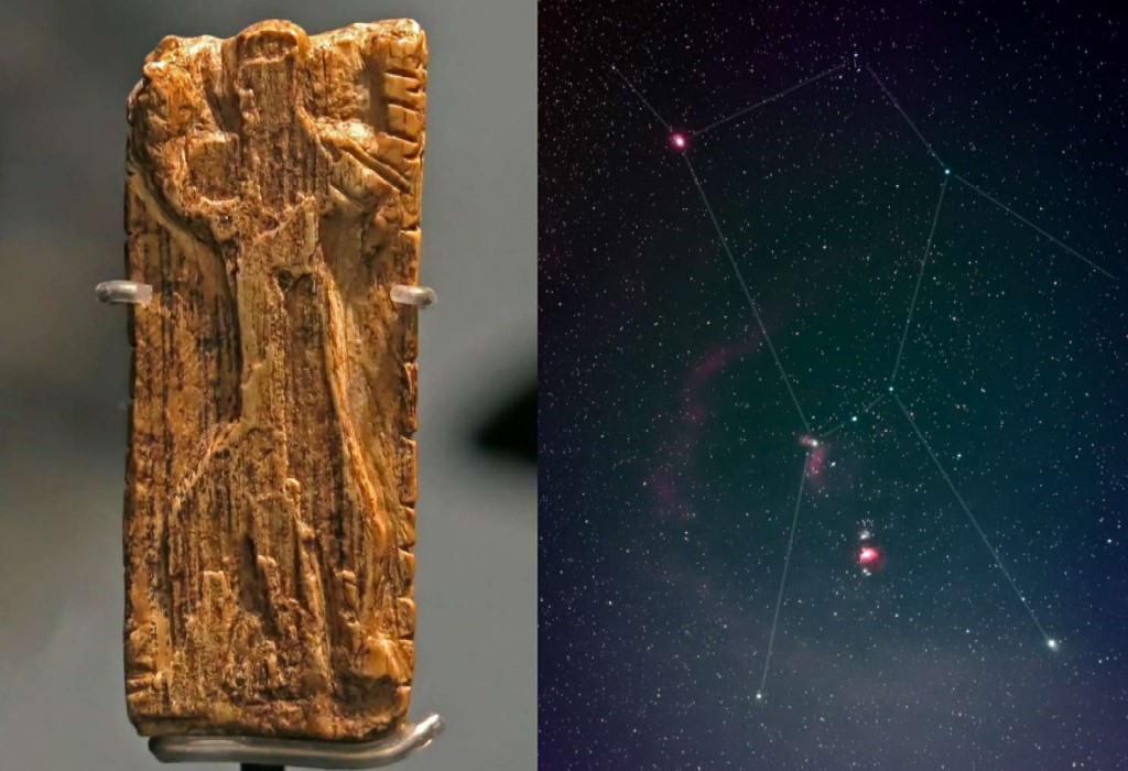 L'immagine più antica di uno schema stellare, quella della famosa costellazione di Orione, è stata riconosciuta su una tavoletta d'avorio di circa 32.500 anni. Il minuscolo frammento di zanna di mammut contiene una scultura di una figura simile a un uomo con braccia e gambe distese nella stessa posa delle stelle di Orione. ©WikimediaCommons