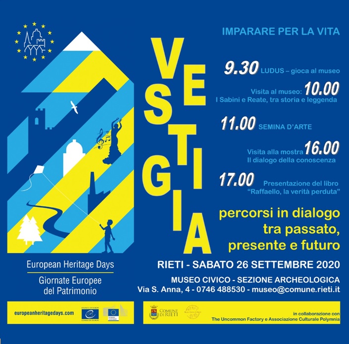 Comune di Rieti e Museo Civico: “Vestigia, percorsi in dialogo tra passato, presente e futuro”. Nell’ambito delle Giornate Europee del Patrimonio 2020, sabato 26 settembre tante le iniziative della giornata.