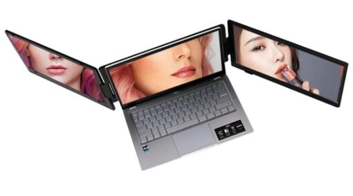 Bærbar PC med tre skjermer i ulike vinkler for fleksibel og utvidet visning, ideell for multitasking.