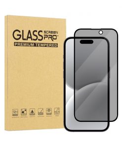 iiglo 3D Privacy Glass skjermbeskytter for iPhone 16 / 15, inkludert to beskyttelsesglass med personvernfilter. Leveres i premium emballasje med 9H herdet glass for maksimal beskyttelse.