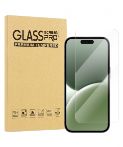 Gjennomsiktig skjermbeskytter for iPhone 16 Pro, sammen med en eske merket 'GLASS SCREEN PRO+ PREMIUM TEMPERED'. Beskytteren er laget av herdet glass (9H) for optimal skjermbeskyttelse.