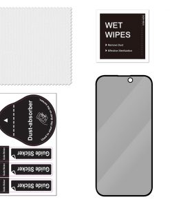 Tilbehørspakke til iiglo 3D Privacy Glass skjermbeskytter for iPhone 16 / 15. Inkluderer rengjøringsklut, våtserviett, støvabsorber, guide-klistremerker og en skjermbeskytter med personvernfilter