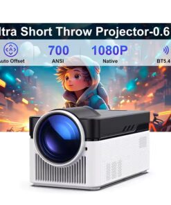 Ultra Short Throw projektor 0.6:1 med 700 ANSI-lumen, 1080P oppløsning, automatisk offset og Bluetooth 5.4.