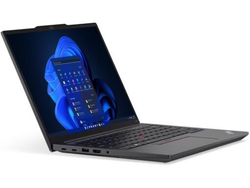 Lenovo ThinkPad E14 Gen 6 – 14" laptop i sort design sett fra skrå vinkel med åpen skjerm og tastatur.