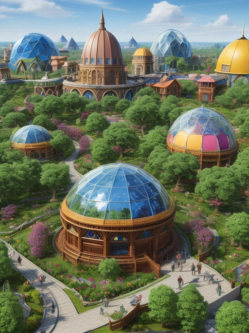 future ecotopian society, built of wood, colorful, gardens, domes, realistic highly detailed hdr photo