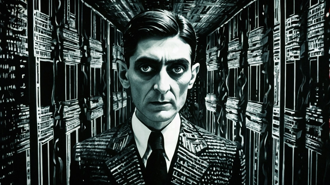 Franz Kafka, lost inside a computer Matrix with deformed bots, black and white image