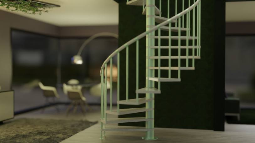 escalera de caracol interior verde con peldaño de madera