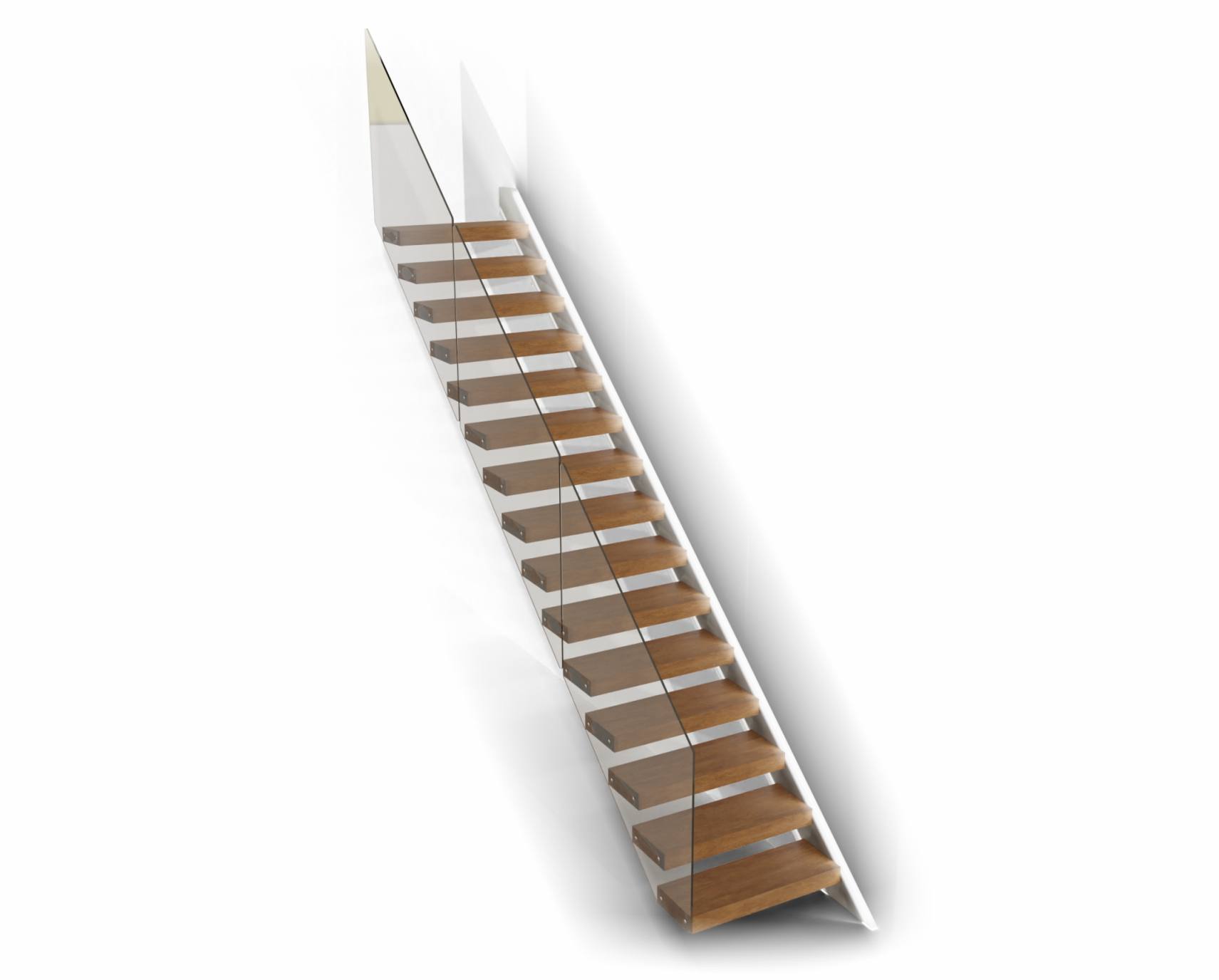 Escalera volada con luz y peldaño de madera con pasamanos pared izquierda