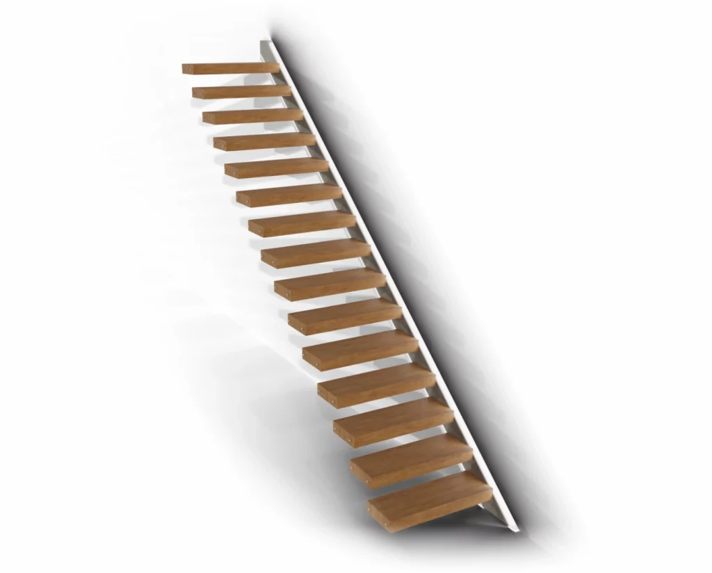 Escalera volada con luz y peldaño de madera sin pasamanos pared derecha