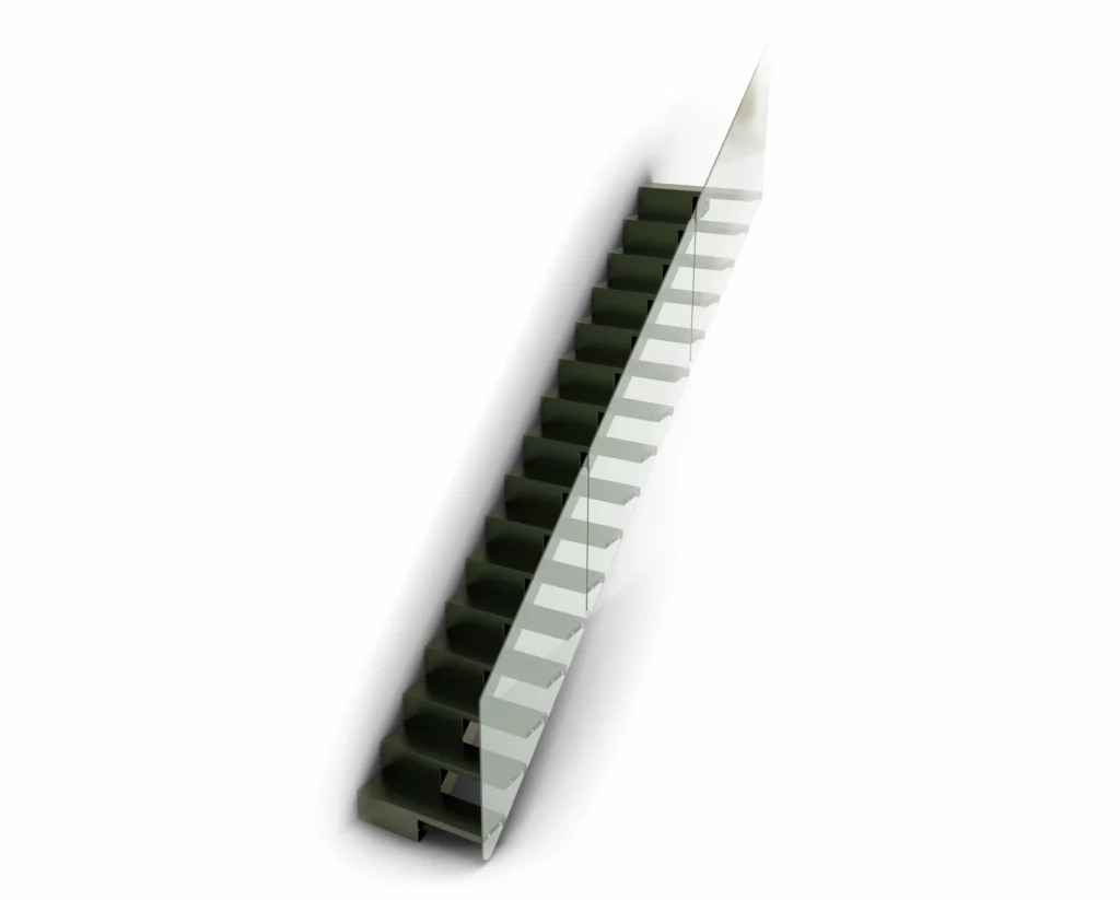 Escalera volada de acero lacado verde con barandilla pared izquierda
