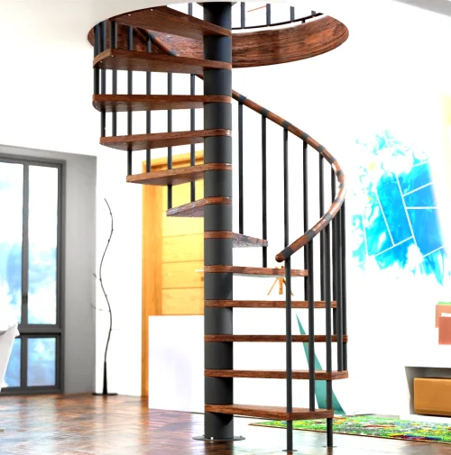 Escalera caracol Infinity de madera y acero detalle recortado