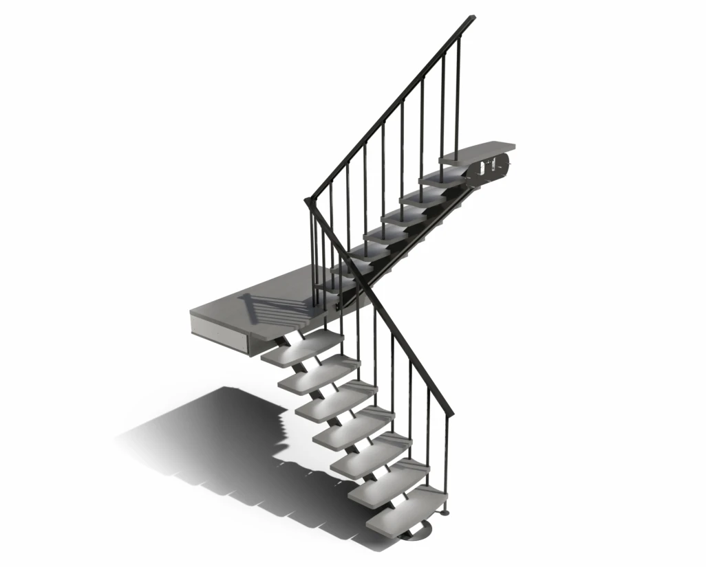 Escalera de interior con giro de 180 grados a la derecha con luz led y peldaño de madera color gris sin fondo
