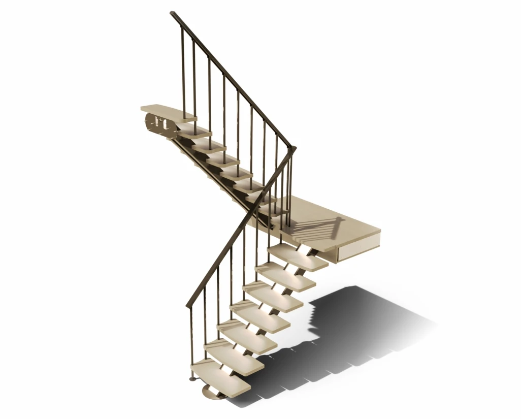 Escalera de interior con giro de 180 grados a la izquierda con luz led y peldaño de madera color marrón claro sin fondo