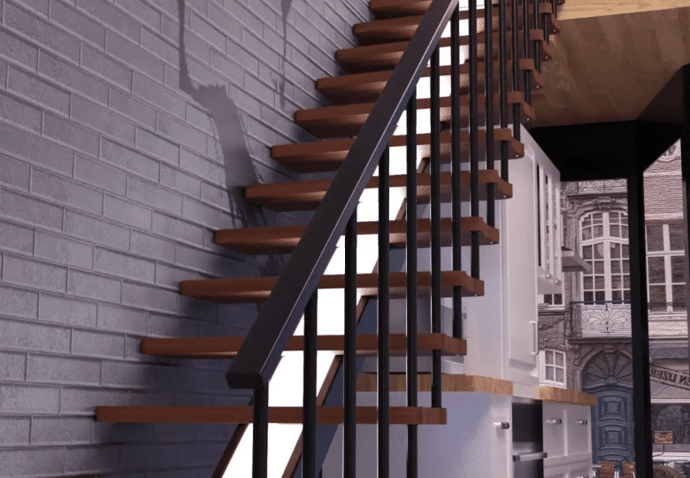 Escalera divine con viga con luz LED en color marrón oscuro de madera, con barandilla metálicas negras