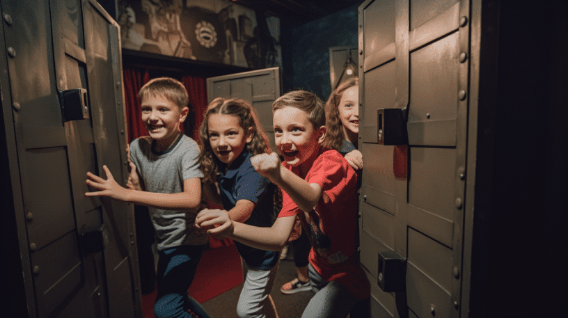 Niños corriendo en un escape room