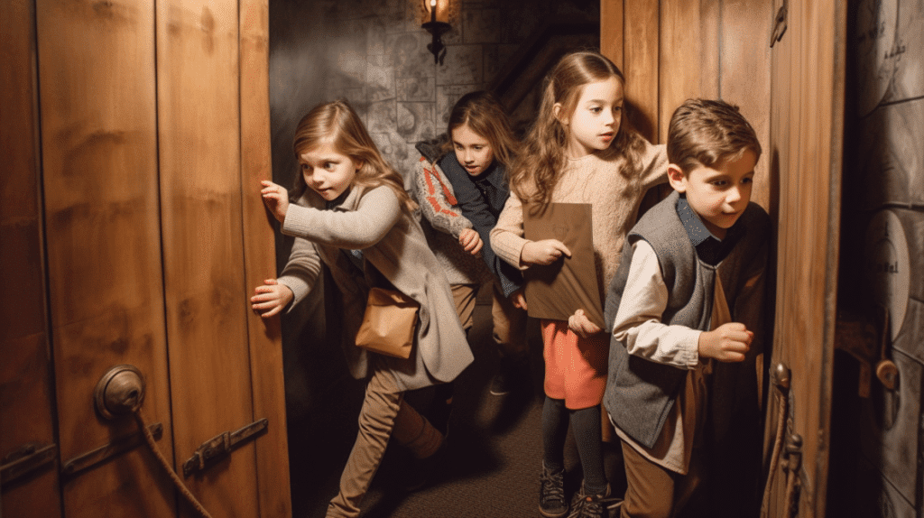niños y  niñas de 7 años investigando en un escape room