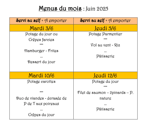 Menu. juin