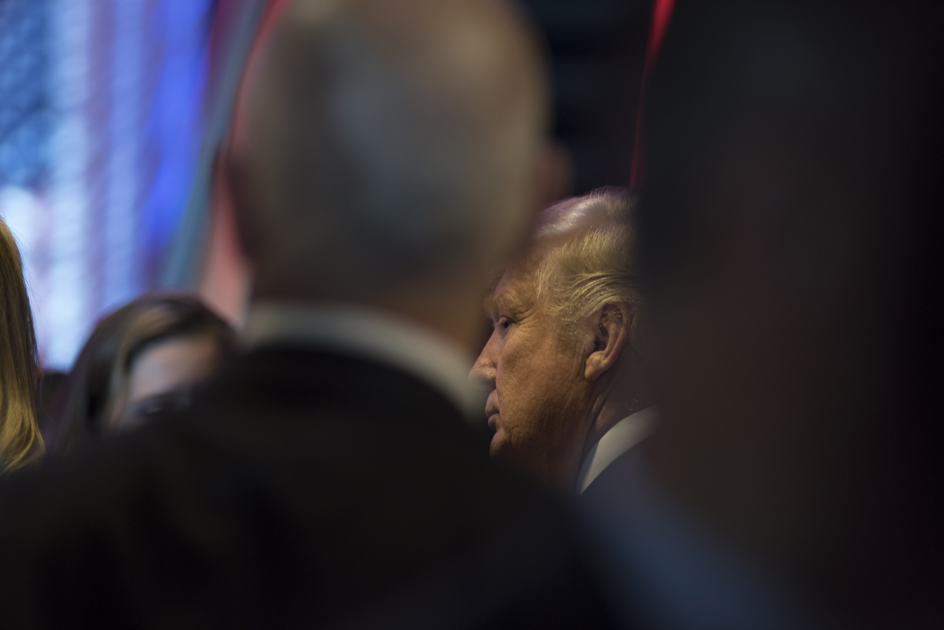 New York, NY, April 26, 2016. After sweeping five primary states, Donald Trump exits stage at Trump Tower, 725 Fifth Avenue, in New York City. 04/26/2016. Photo by George Goss New York City News Service.