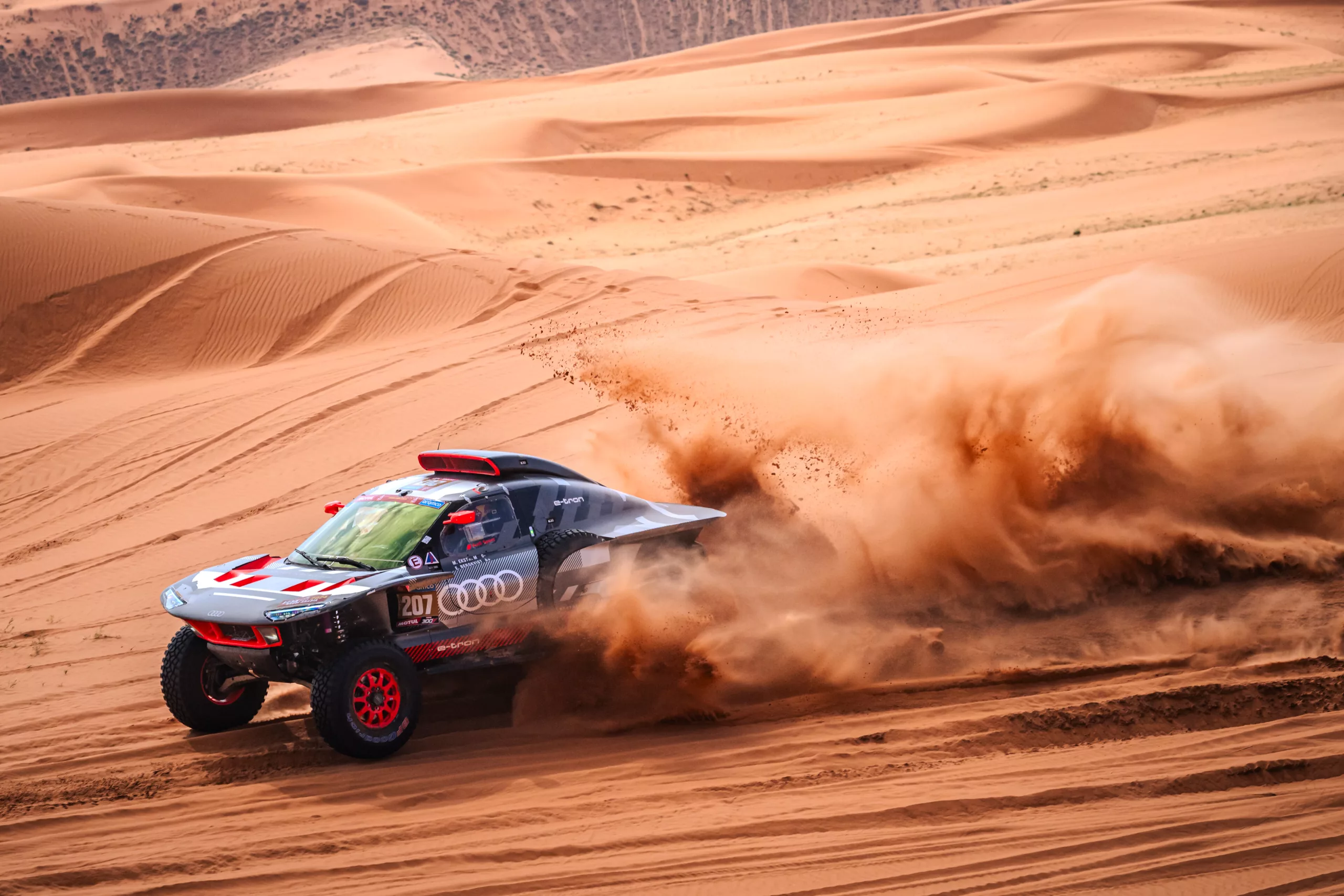 Mattias Ekstrom (SWE) and Emil Bergkvist (SWE) of Team Audi Sport race during stage 08 of Rally Dakar 2024 from Al Duwadimi to Hail, Saudi Arabia on January 15, 2024 Red Bull Content Pool //