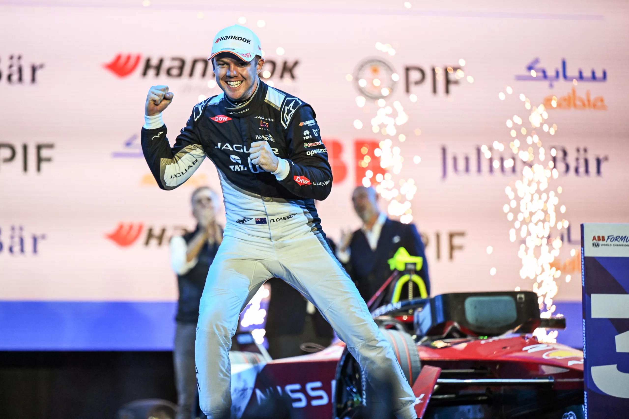 Nick Cassidy, Jaguar TCS Racing, 1st postion, celebrates on the podium