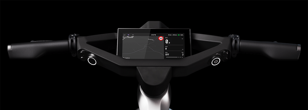 Cockpit van de Specter 1 en Specter 1 Long Range speed pedelec met dark mode en live informatie over de snelheidslimiet.