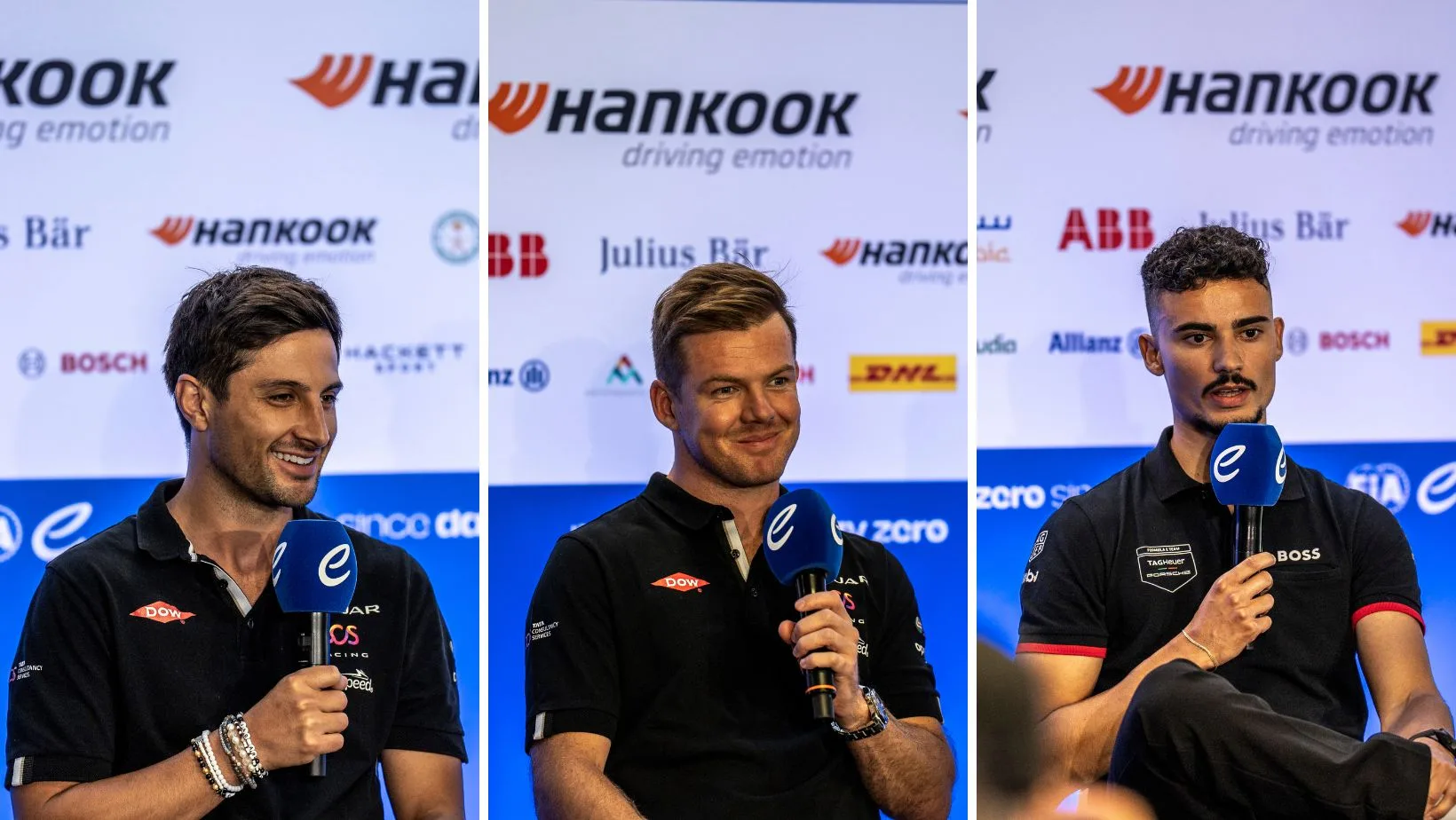 Mitch Evans (Jaguar TCS Racing), Nick Cassidy (Jaguar TCS Racing) en Pascal Wehrlein (TAG Heuer Porsche): de drie kanshebbers voor de titel van wereldkampioen tijdens de 2024 London E-Prix.