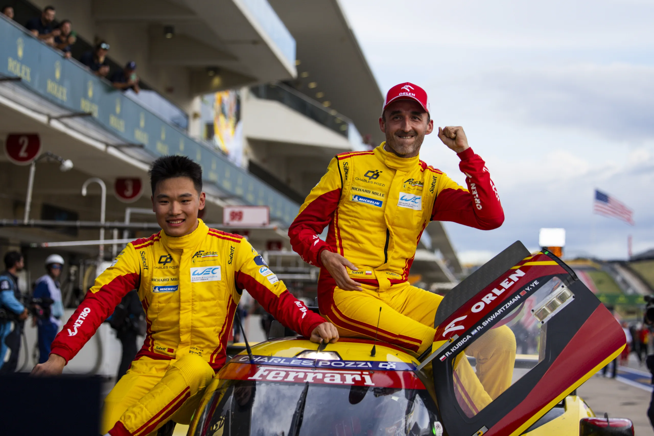 83 KUBICA Robert (pol), SHWARTZMAN Robert (isr), YE Yifei (chn), AF Corse, Ferrari 499P #83, Hypercar, celebrating their win during the 2024 Lone Star Star Le Mans, 6th round of the 2024 FIA World Endurance Championship, from August 30 to September 1, 2024 on the Circuit of the Americas in Austin, Texas, United States of America - Photo Julien Delfosse / DPPI