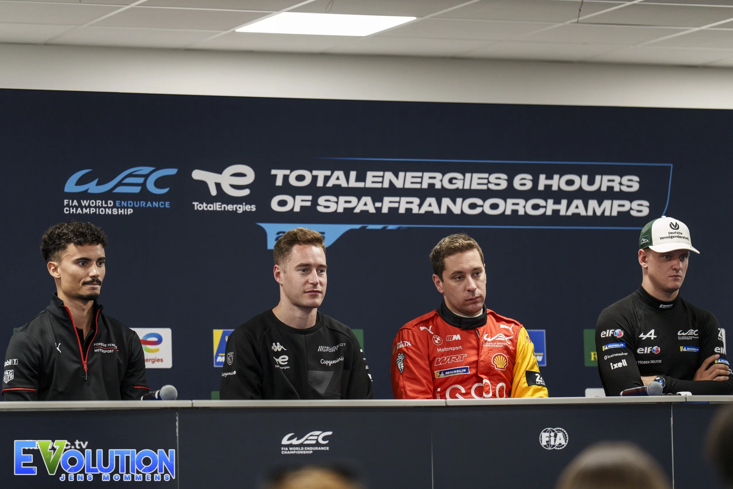 Pascal Wehrlein (Porsche Penske Motorsport), Stoffel Vandoorne (Peugeot TotalEnergies), Robin Frijns (BMW M Team WRT) and Mick Schumacher (Alpine Endurance Team) at the FIA WEC World Endurance Championship 2025 TotalEnergies 6 Hours of Spa-Francorchamps on 10 May 2025 at the Circuit de Spa-Francorchamps, Stavelot, Belgium © Jens Mommens / Momenol Images / EVolution
