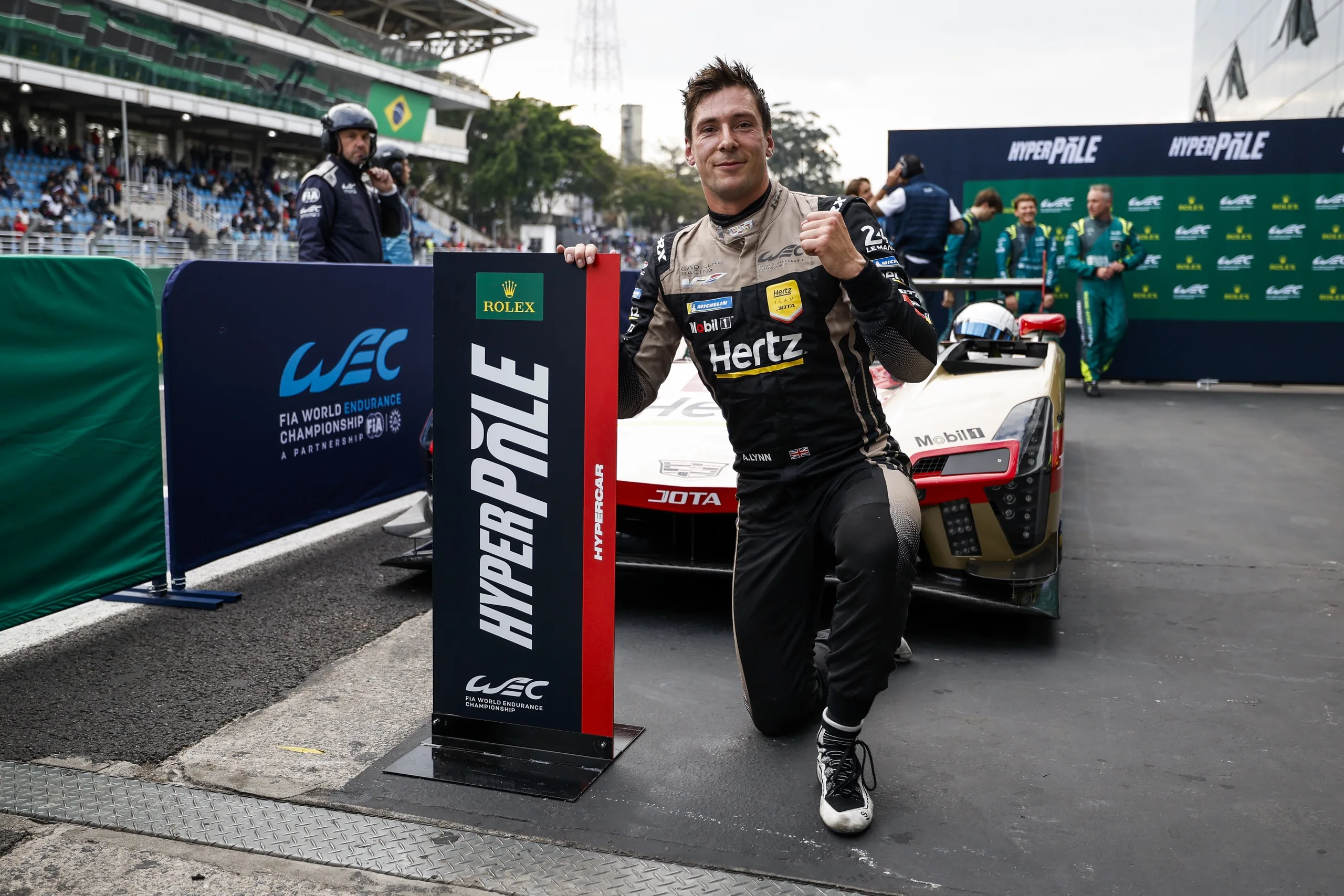LYNN Alex (gbr), Cadillac Hertz Team Jota, Cadillac V-Series.R #12, Hypercar, portrait celebrating his pole position during the Rolex 6 Hours of Sao Paulo 2025, 5th round of the 2025 FIA World Endurance Championship, from July 11 to 13, 2025 on the Interlagos Circuit in Sao Paulo, Brazil - Photo Julien Delfosse / DPPI
