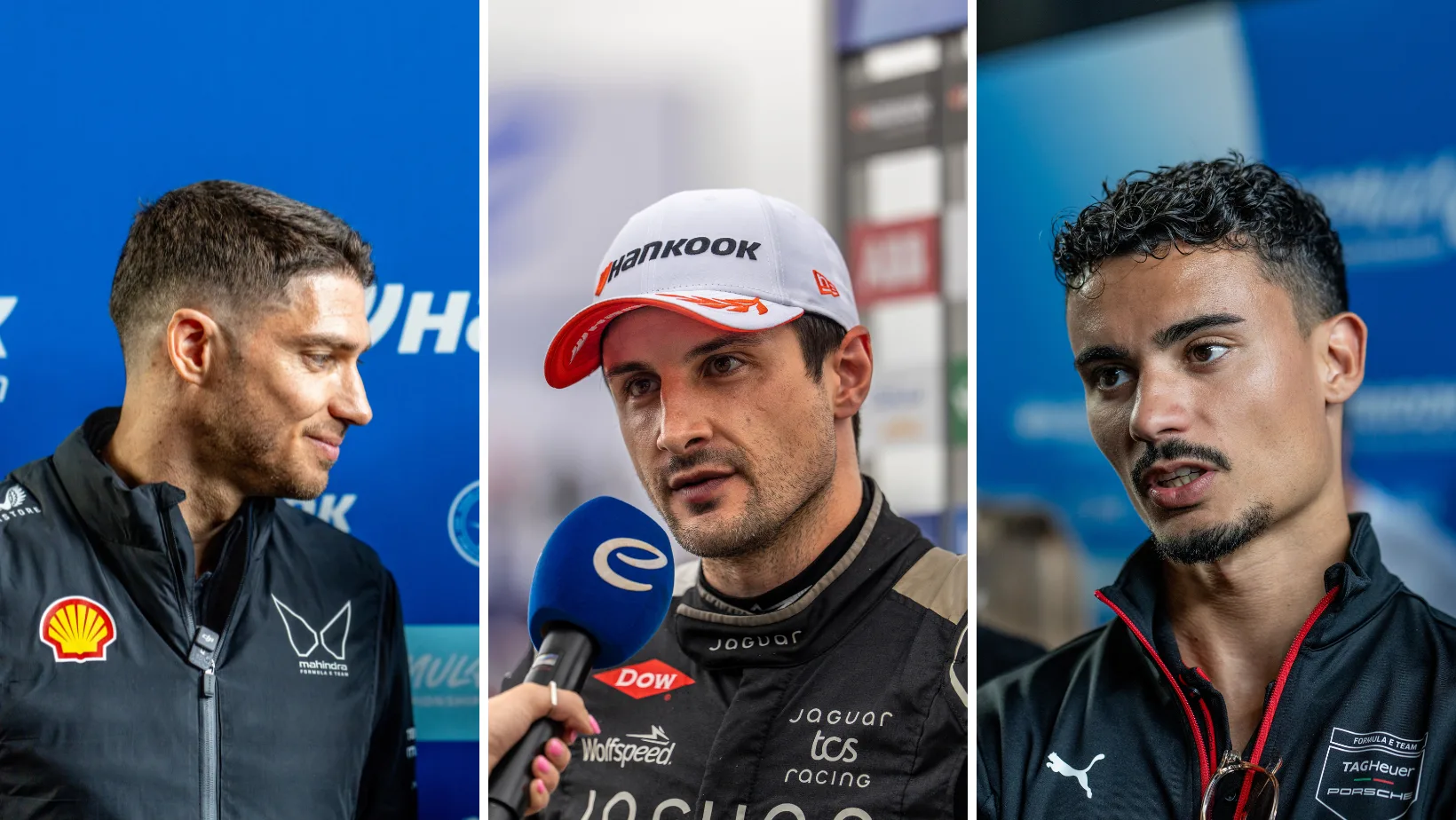 (Van links naar rechts) Edoardo Mortara (Mahindra Racing), Mitch Evans (Jaguar TCS Racing) en Pascal Wehrlein (TAG Heuer Porsche) stonden alle drie op het podium tijdens de Berlin E-Prix op zaterdag 12 juli 2025