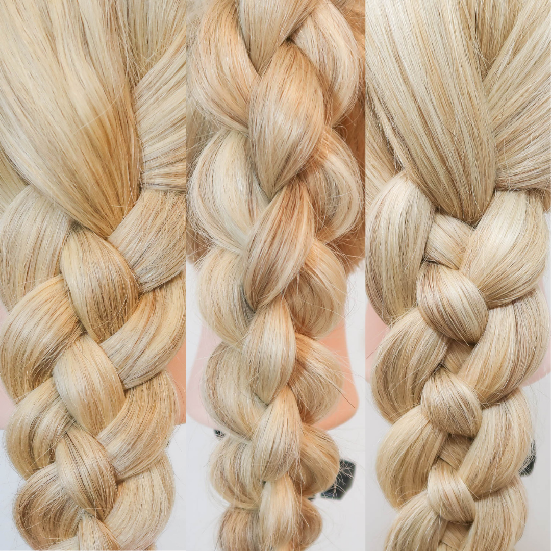 Collage with 3 pictures. Left: a flat four strand braid in blonde hair. Middle: A 4 strand round braid in blonde hair. Right: A basic 4 strand braid in blonde hair. All pictures are closeups.