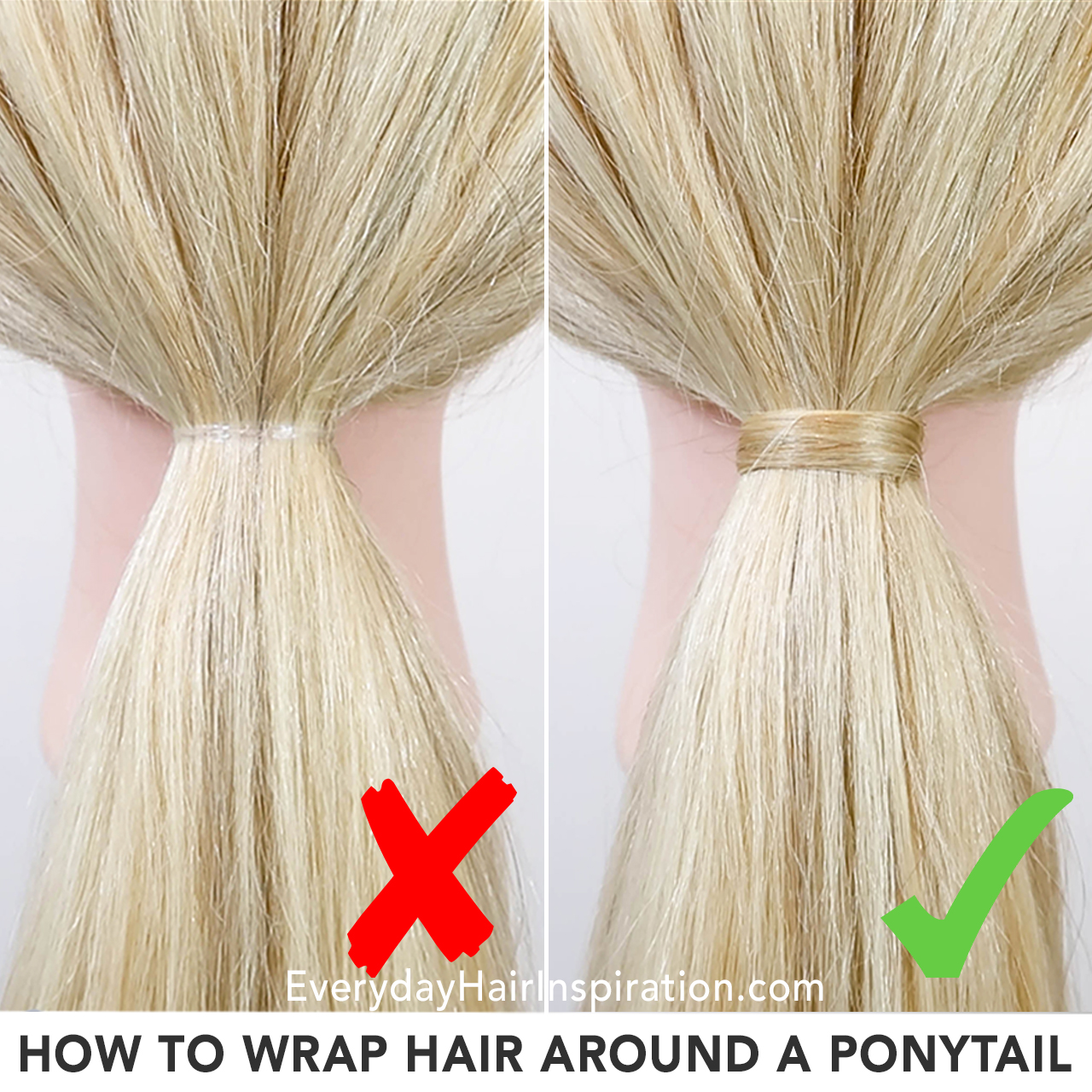2 hairdresser dolls with ponytails, one has hair wrapped around the elastic to cover it. Text at the bottom of the picture "How to wrap hair around a ponytail".