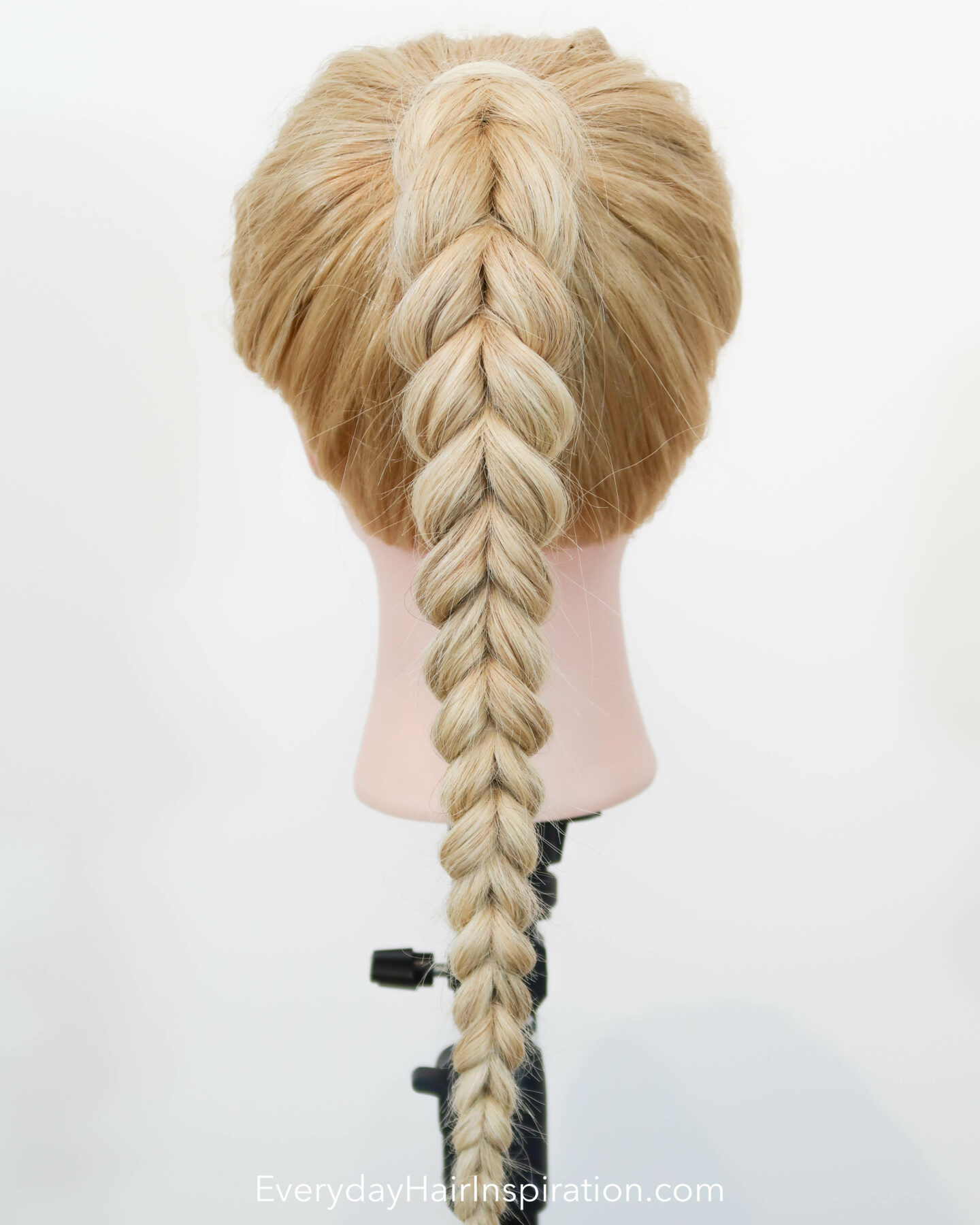 Blonde hairdresser doll seen from the back with a pull through braid in a high ponytail. 