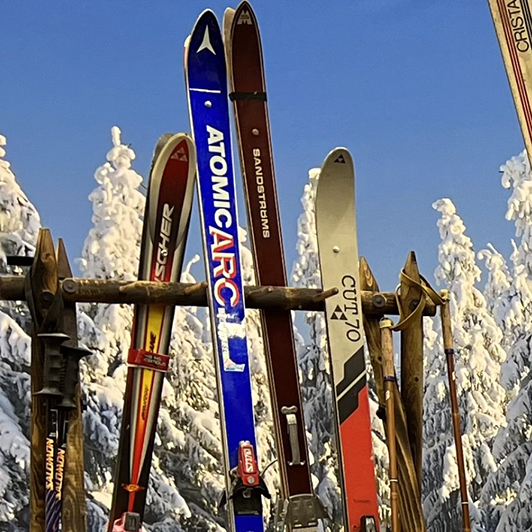 Skidställ med riktiga skidor
