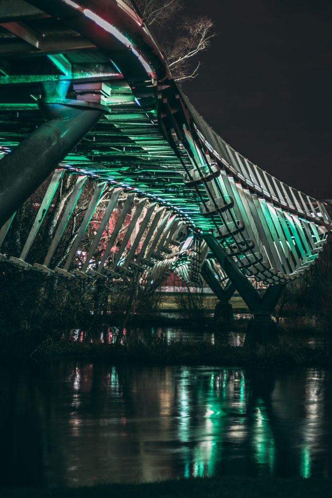 photo of the living bridge over the Shannon at night, connecting the County Limerick (south) campus to the County Clare (north) campus.