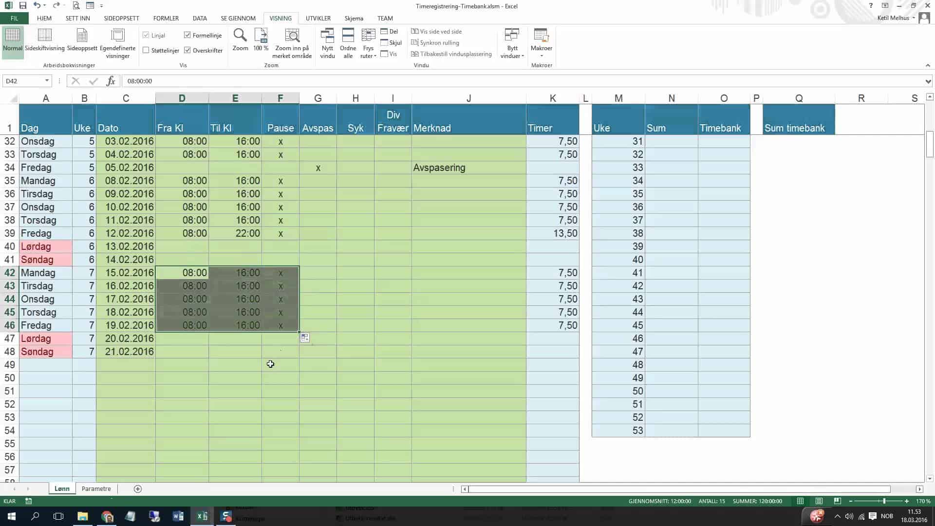 Timeregistrering timebank ExcelGuru Excel på Norsk