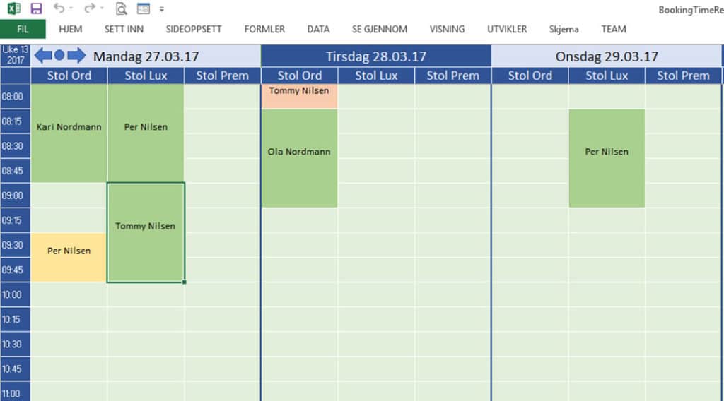 excel booking timebestilling