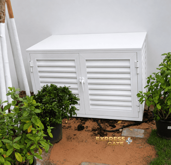 Custom outdoor louvered storage unit for water pump cabinet installed in Dubai and Abu Dhabi villas, featuring durable weather-resistant louver doors