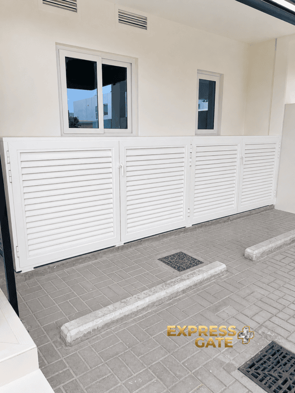Custom louvered outdoor storage unit and cabinet installed in Dubai and Abu Dhabi villas, featuring durable weather-resistant louver doors