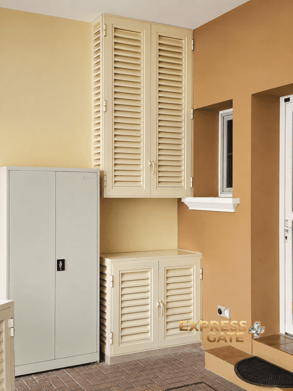 Custom outdoor louvered storage unit and cabinet installed in Dubai and Abu Dhabi villas, featuring durable weather-resistant louver doors