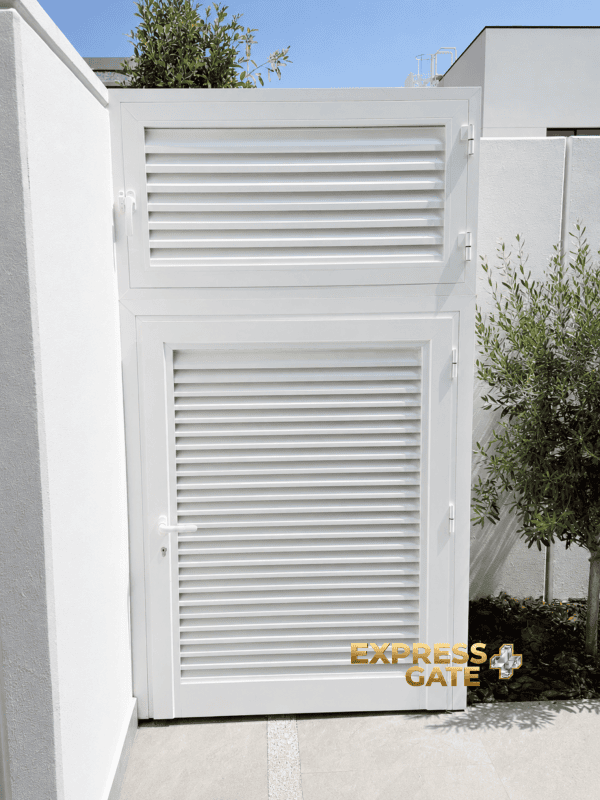 Custom outdoor louvered storage unit and cabinet installed in Dubai and Abu Dhabi villas, featuring durable weather-resistant louver doors
